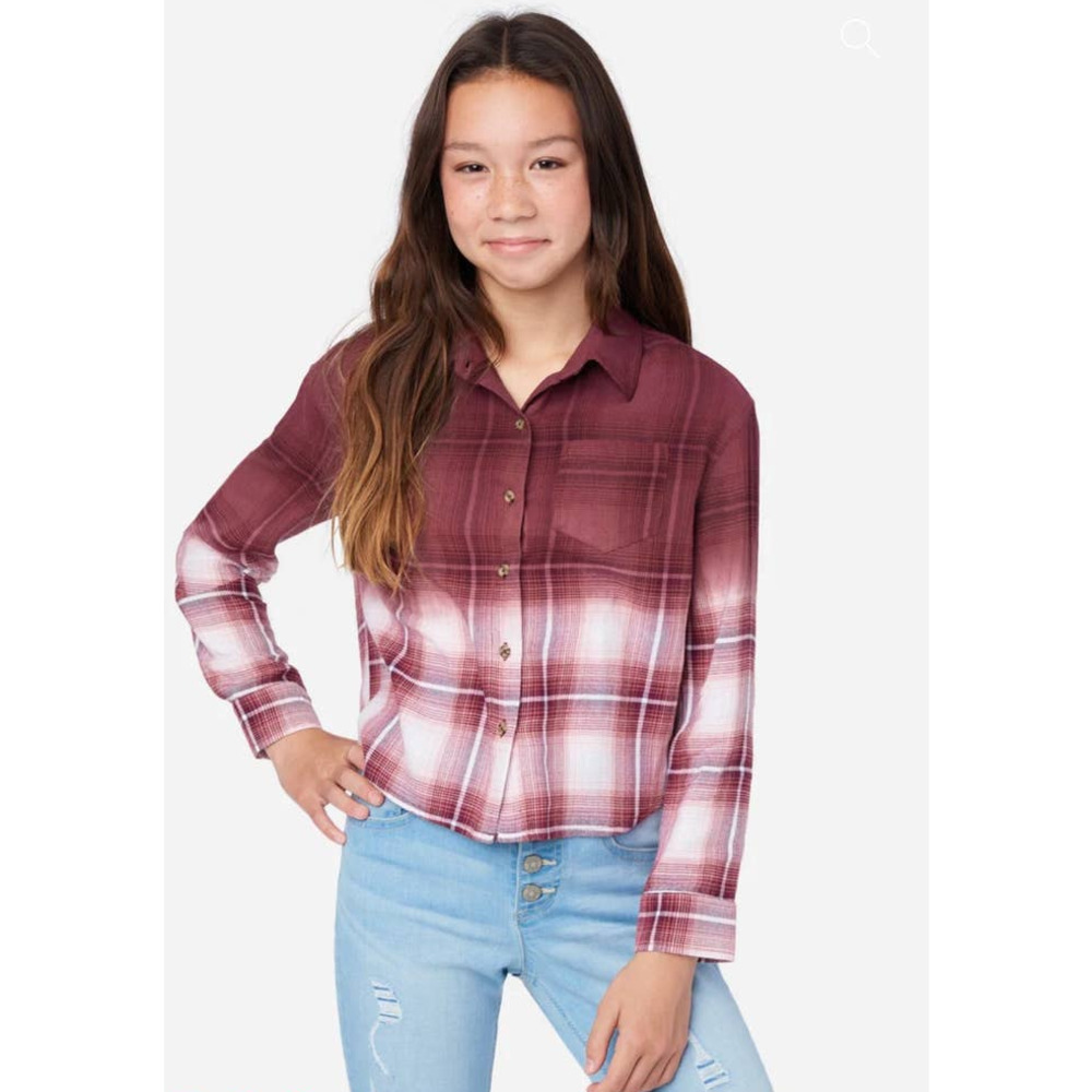 Justice Girls Dip Dye Long Sleeve Button Up Plaid Rose Shirt